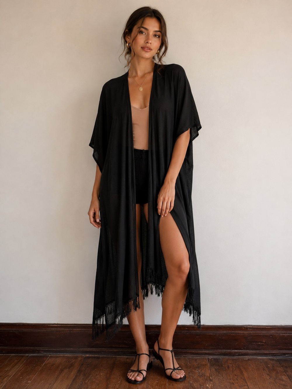 NWT Janice Apparel Lightweight Kimono Cardigan Flowy Fringe Hem Duster Oversized